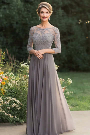 Grey A Line Chiffon Lace Pleated Mother of the Bride Dress